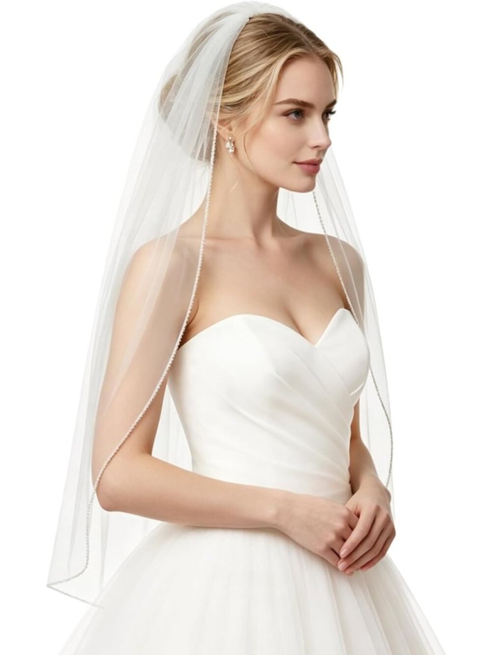 Elegant Fingertip Length Wedding Veil with Comb, Beaded Edge & Pearls